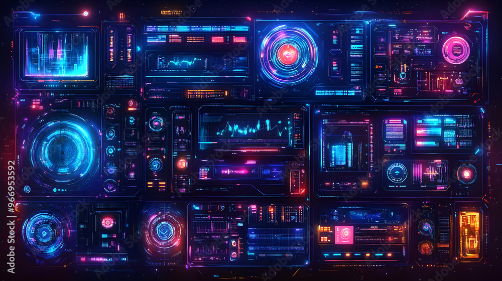 A vibrant, futuristic user interface with glowing panels and data visualizations. A vibrant, futuristic user interface with glowing panels and data visualizations.