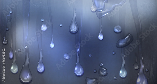 Rain water drop on glass or smooth plastic surface. Realistic 3d vector grey and blue gradient background with waterdrops and steam texture. Window with transparent clear liquid bubbles and droplets.