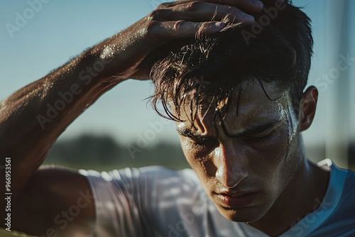 Player wiping sweat from their forehead, capturing effort and perseverance photo