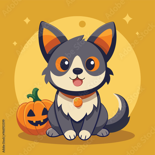 Cute cartoon siberian husky puppy on pastel background.