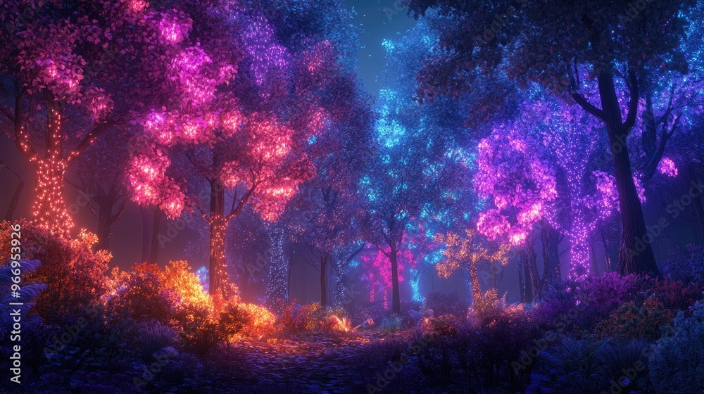 Fototapeta premium Magical forest aglow with neon lights, casting a fairy tale-like ambiance in a dynamic, dreamlike landscape full of enchantment
