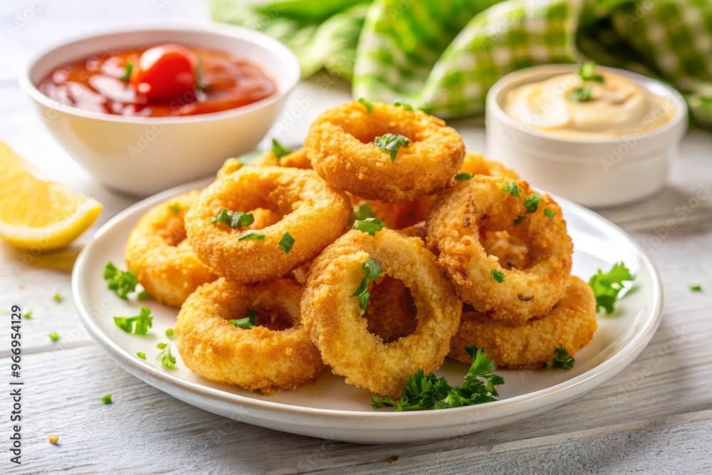 Freshly fried calamari rings sizzling on a crisp white background, golden crust shining against the clean backdrop. Freshly fried calamari rings sizzling on a crisp white background, golden crust shining against the clean backdrop.