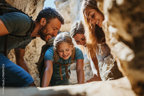Diverse family exploring ancient ruins in a historic site photo