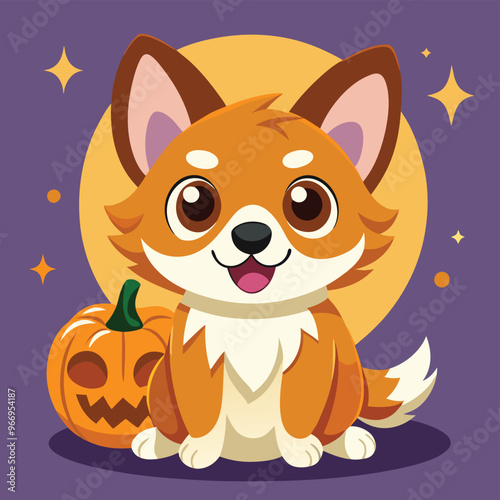 Cute cartoon siberian husky puppy on pastel background.