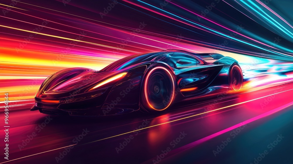 Futuristic supercar with vibrant speed trails, zooming through a dynamic vector background full of color and movement Futuristic supercar with vibrant speed trails, zooming through a dynamic vector background full of color and movement