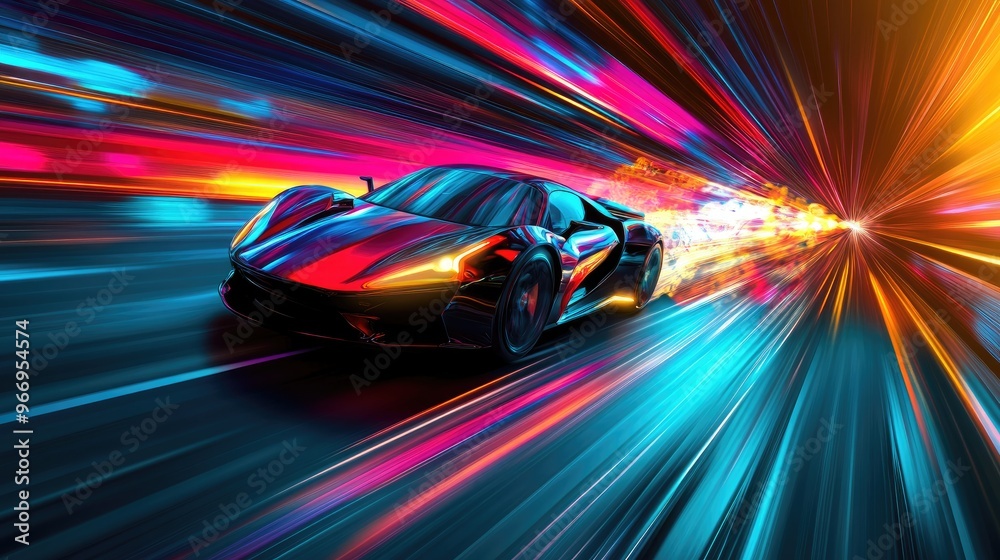 Futuristic supercar with vibrant speed trails, zooming through a dynamic vector background full of color and movement Futuristic supercar with vibrant speed trails, zooming through a dynamic vector background full of color and movement