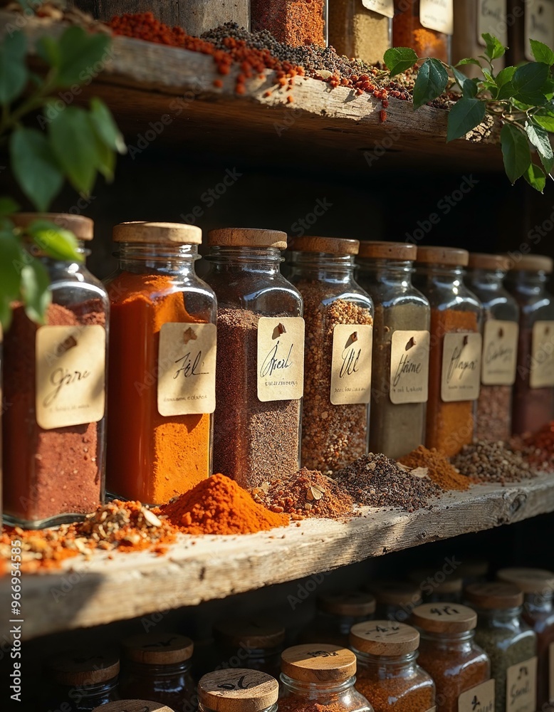 Spice Jars on Wooden Shelf. Variety of Spices and Herbs for Cooking. Spice Jars on Wooden Shelf. Variety of Spices and Herbs for Cooking.