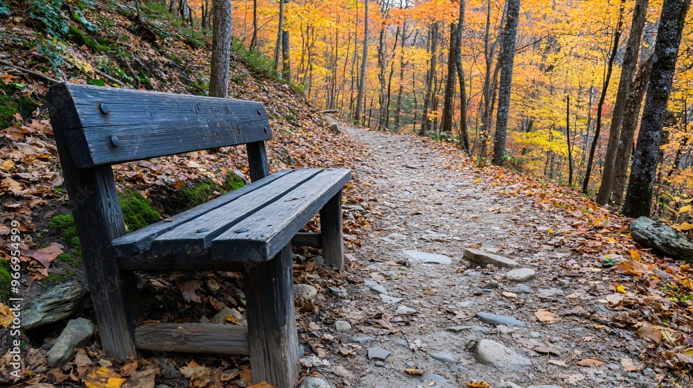 A rustic wooden bench along a serene trail surrounded by vibrant autumn foliage. A rustic wooden bench along a serene trail surrounded by vibrant autumn foliage.