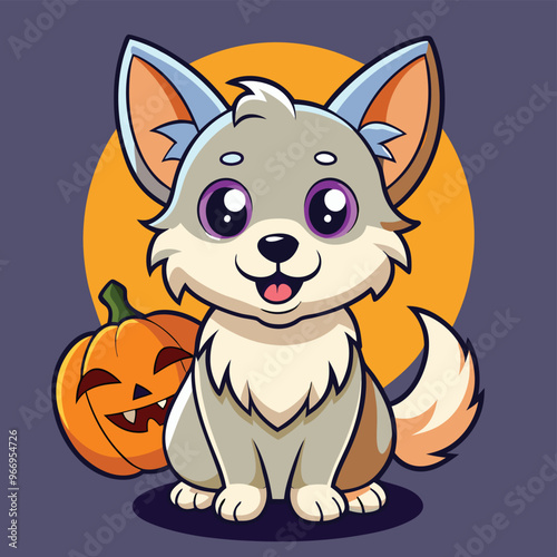 Cute cartoon siberian husky puppy on pastel background.