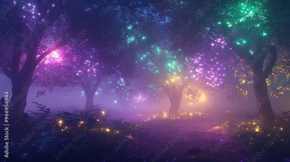 Mystical forest glowing with neon lights, set in a dynamic dreamlike landscape with a fairy tale atmosphere of trees and shimmering mist Mystical forest glowing with neon lights, set in a dynamic dreamlike landscape with a fairy tale atmosphere of trees and shimmering mist