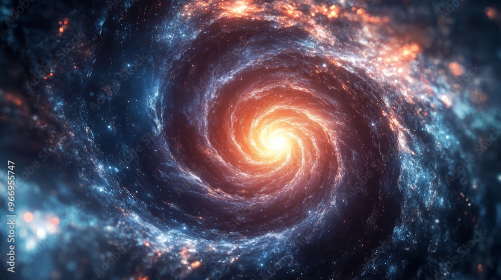 Spiral galaxy with glowing core, space background Spiral galaxy with glowing core, space background