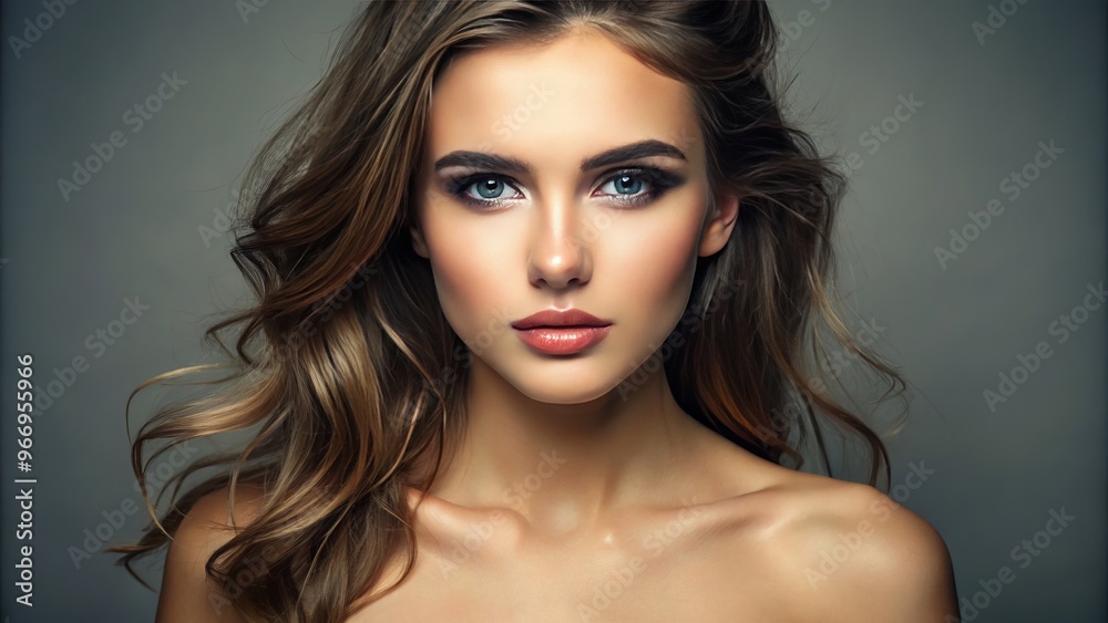 Fototapeta premium This radiant female model boasts flawless skin and natural beauty, her untouchable complexion captured with precision,