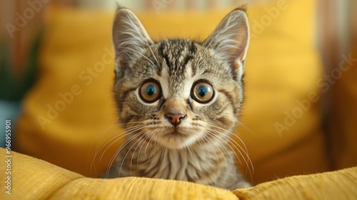 Startled Young Cat with Wide Eyes in Close-Up on Vibrant Yellow Background