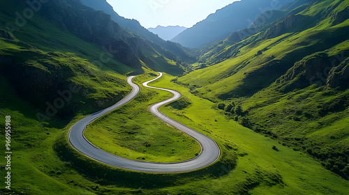 A winding road through lush...