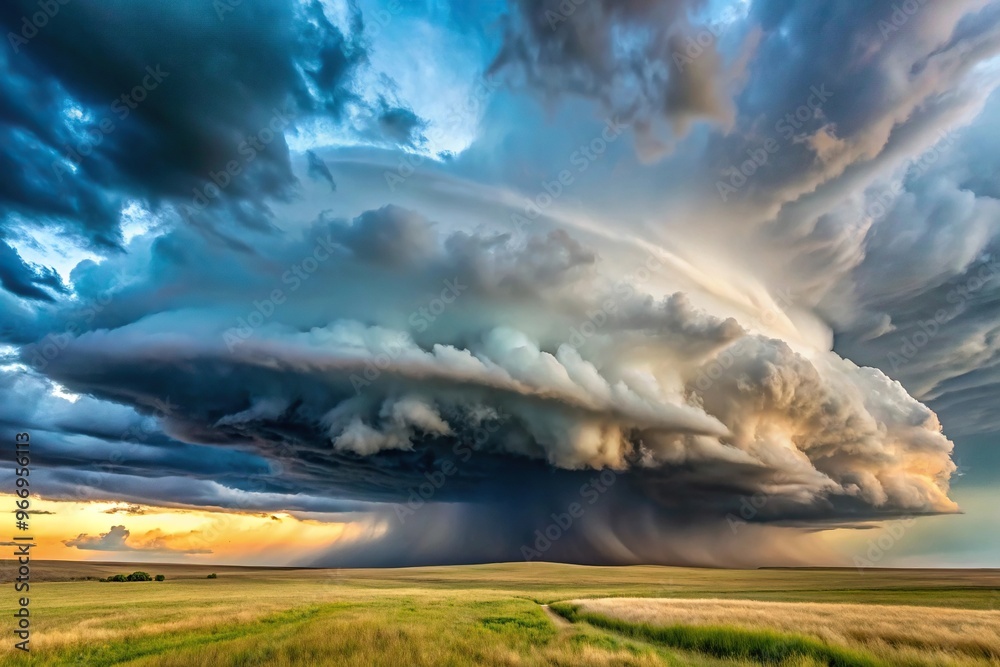 Fototapeta premium Supercell storm with wall cloud in expansive prairie landscape