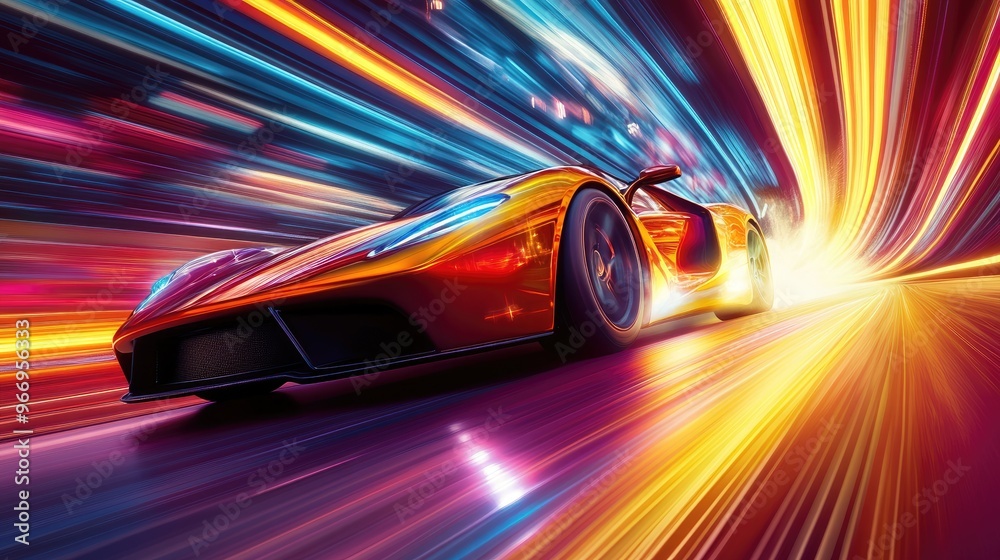 Supercar with intense speed rays, racing across a vibrant futuristic background, captured in a dynamic color vector design Supercar with intense speed rays, racing across a vibrant futuristic background, captured in a dynamic color vector design
