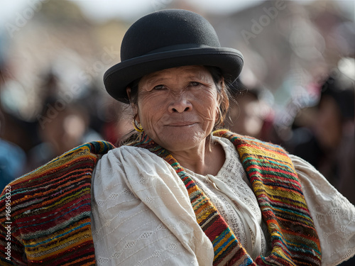 Portrait of a Bolivian woman in pollera skirt and bowler hat, Bolivia photo