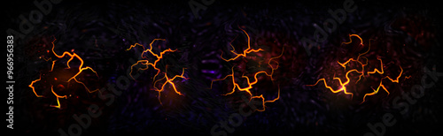 Ground cracks with lava set isolated on black background. Vector realistic illustration of hot molten magma in breaks on land surface, fissure in ground, volcano eruption or earthquake fractures