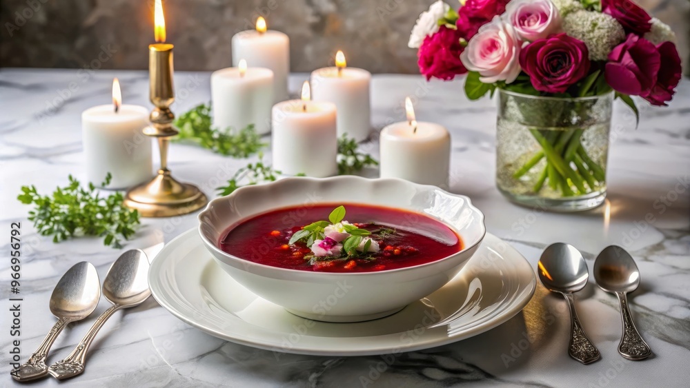 Elegante mesa con borscht en un tazón blanco, rodeado de velas encendidas y un ramo de flores frescas. Elegante mesa con borscht en un tazón blanco, rodeado de velas encendidas y un ramo de flores frescas.