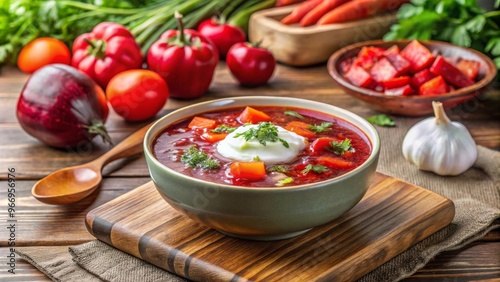 Borscht con crema agria, servido con una variedad de verduras frescas, como remolacha y zanahorias, en una mesa de cocina.