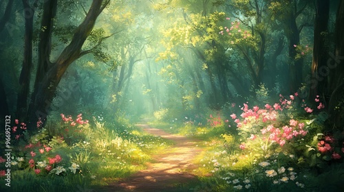 A serene path through a lush forest, adorned with vibrant flowers and dappled sunlight.