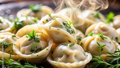 Dumplings al vapor adornados con eneldo fresco, rodeados de vapor, capturando su calidez y frescura en un plato de presentación. photo