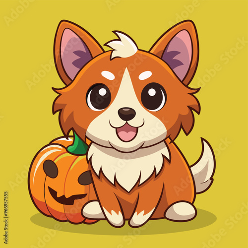 Cute cartoon siberian husky puppy on pastel background.