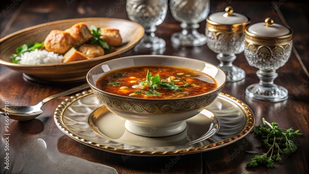 Un cuenco de sopa caliente con especias servido en una vajilla decorada, acompañado de pan y arroz en un ambiente elegante con copas de cristal. Un cuenco de sopa caliente con especias servido en una vajilla decorada, acompañado de pan y arroz en un ambiente elegante con copas de cristal.