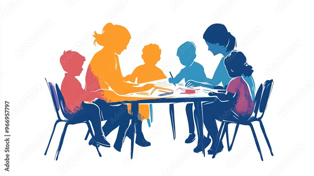 Fototapeta premium A simple drawing of a mother or teacher helping children with their homework. The image shows the importance of education and caring for children's learning.