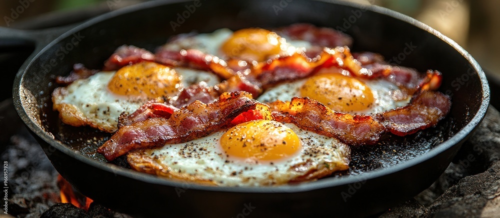 Crispy Bacon and Sunny-Side Up Eggs in a Cast Iron Pan Crispy Bacon and Sunny-Side Up Eggs in a Cast Iron Pan