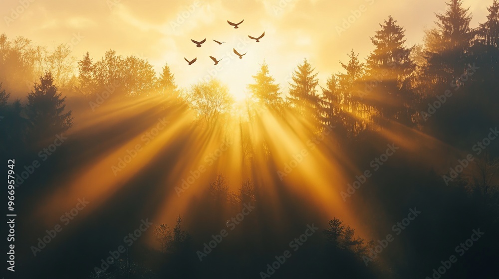 The sun rises over the forest, creating a bright burst of light. Birds fly high above the trees, enjoying the new day. The sun rises over the forest, creating a bright burst of light. Birds fly high above the trees, enjoying the new day.