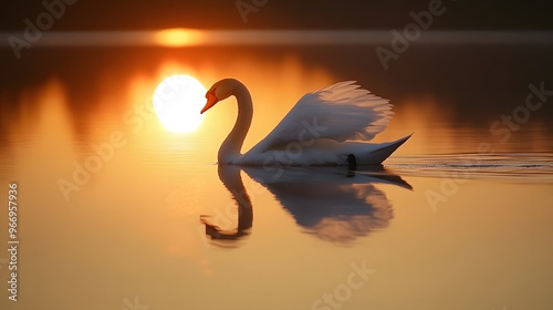 Fototapeta Naklejka Na Ścianę i Meble -  A graceful swan gliding across a still lake at sunset