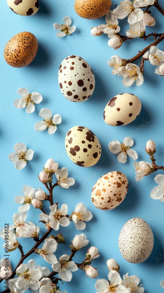 Obraz premium A beautiful spring background features an empty paper sheet with colorful Easter eggs and delicate flowers arranged on a pastel blue surface, ideal for invitations