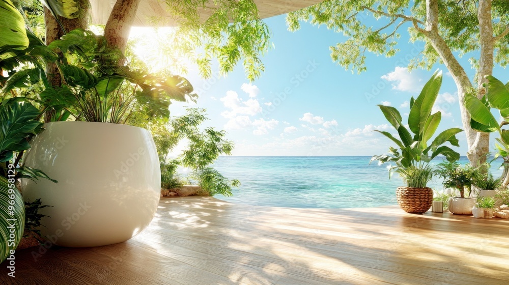 Obraz premium Tropical Beach Patio with Ocean View.