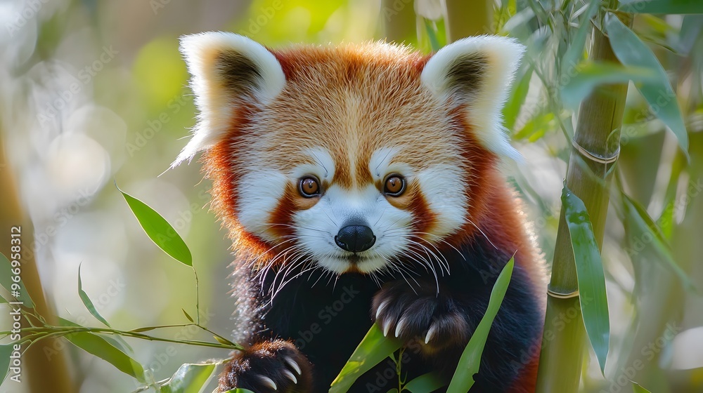 A mischievous red panda climbing through bamboo stalks