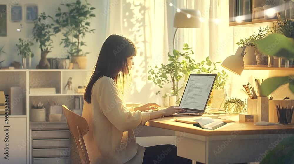 A woman working in a bright, plant-filled home office with soft sunlight streaming through. Seamless looping time-lapse video background