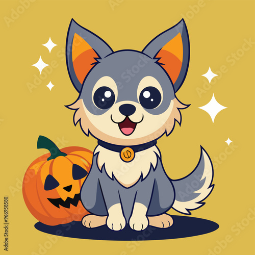 Cute cartoon siberian husky puppy on pastel background.