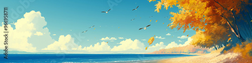 Scenery of the beach. Styled like an anime or game background. Blue sky, sunset, sunrise, night, fog, snow, rain, cloudiness, autumn leaves, rainbow, etc. photo