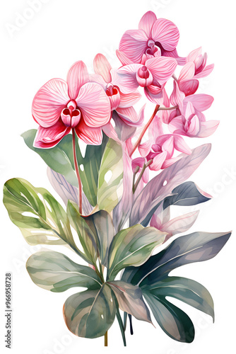 Wallpaper Mural bouquet of  orchid flowers and calathea leaves, tropical composition isolated clipart, watercolor wallpaper element Torontodigital.ca