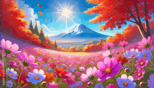 Autumn flower cosmos looking up at the majestic Mt.Fuji.
Vector illustration.