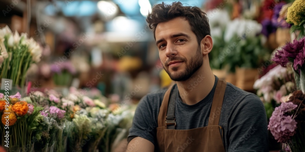 A young man smiles proudly in a bustling flower market. Surrounded by colorful blooms, he embodies the joy of nature. This portrait showcases warmth and dedication. AI A young man smiles proudly in a bustling flower market. Surrounded by colorful blooms, he embodies the joy of nature. This portrait showcases warmth and dedication. AI