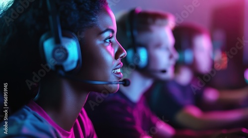 Focused Gamer with Headphones in Neon Light.