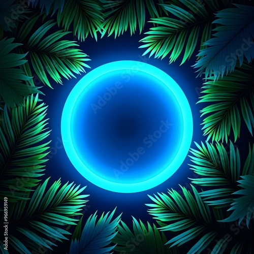 Circular frame features blue neon lights decorated with palm leaves. Futuristic glowing abstraction, Neon Circle Framed by Vibrant Tropical Leaves on Dark Background.