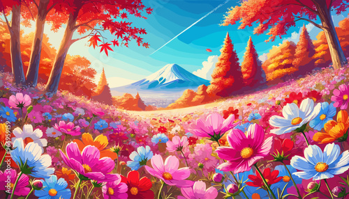 Autumn flower cosmos looking up at the majestic Mt.Fuji.
Vector illustration.