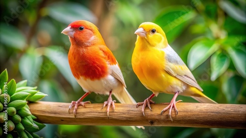 Two glover canaries perched on wooden bars against vibrant green foliage, their iridescent feathers glistening in the photo