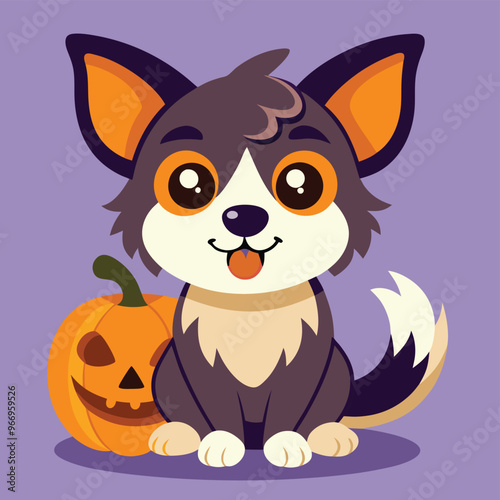 Cute cartoon siberian husky puppy on pastel background.