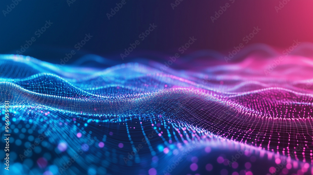This image depicts a blue and purple undulating wave covered in glowing dots, creating a mesmerizing and serene visual experience against a dark background. This image depicts a blue and purple undulating wave covered in glowing dots, creating a mesmerizing and serene visual experience against a dark background.