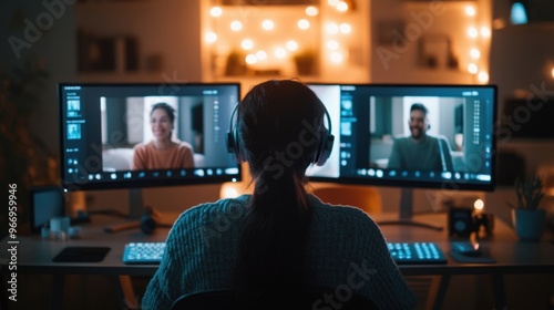 Woman on video call with colleagues.