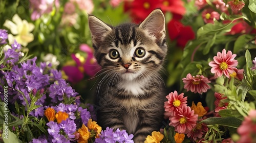 A playful kitten with bright eyes sitting in a garden full of blooming flowers photo