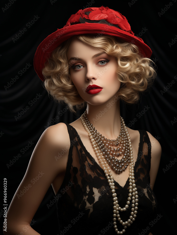 stylish 1920s woman in red hat and layered pearl necklaces stylish 1920s woman in red hat and layered pearl necklaces